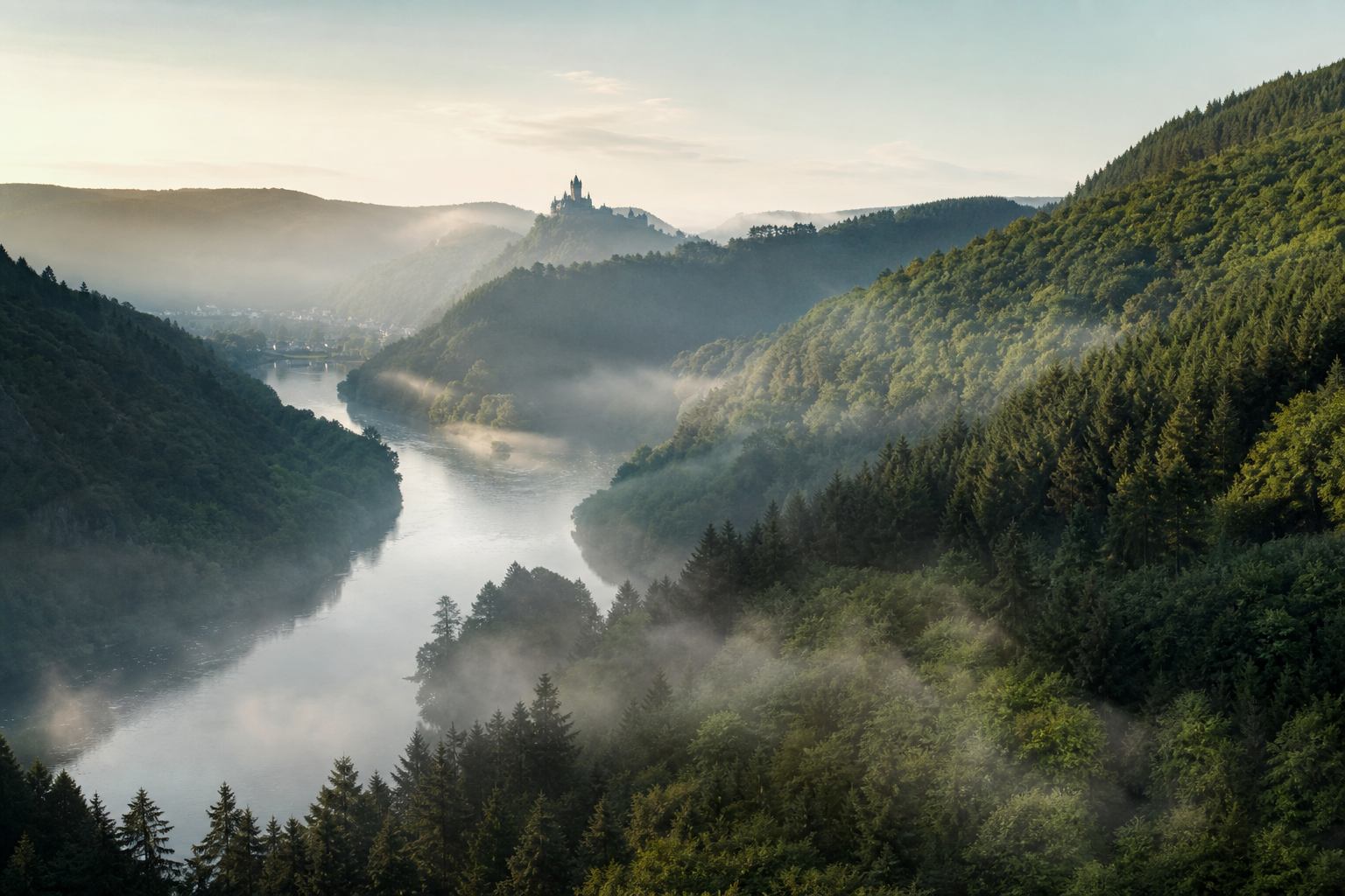 Panorama einer deutschen Flusstal-Landschaft mit Waldhängen und Morgenlicht